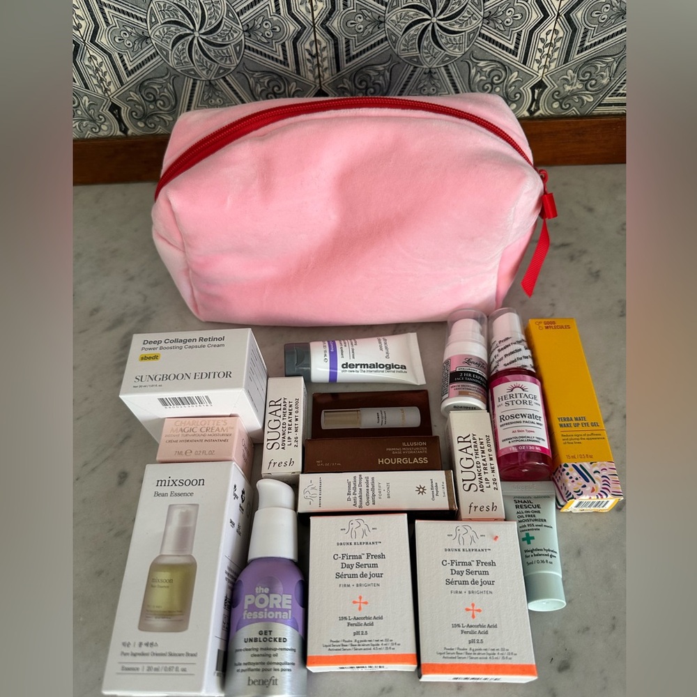 NIB Drunk Elephant Fresh Hourglass plus more sample Skincare in Plush pink bag